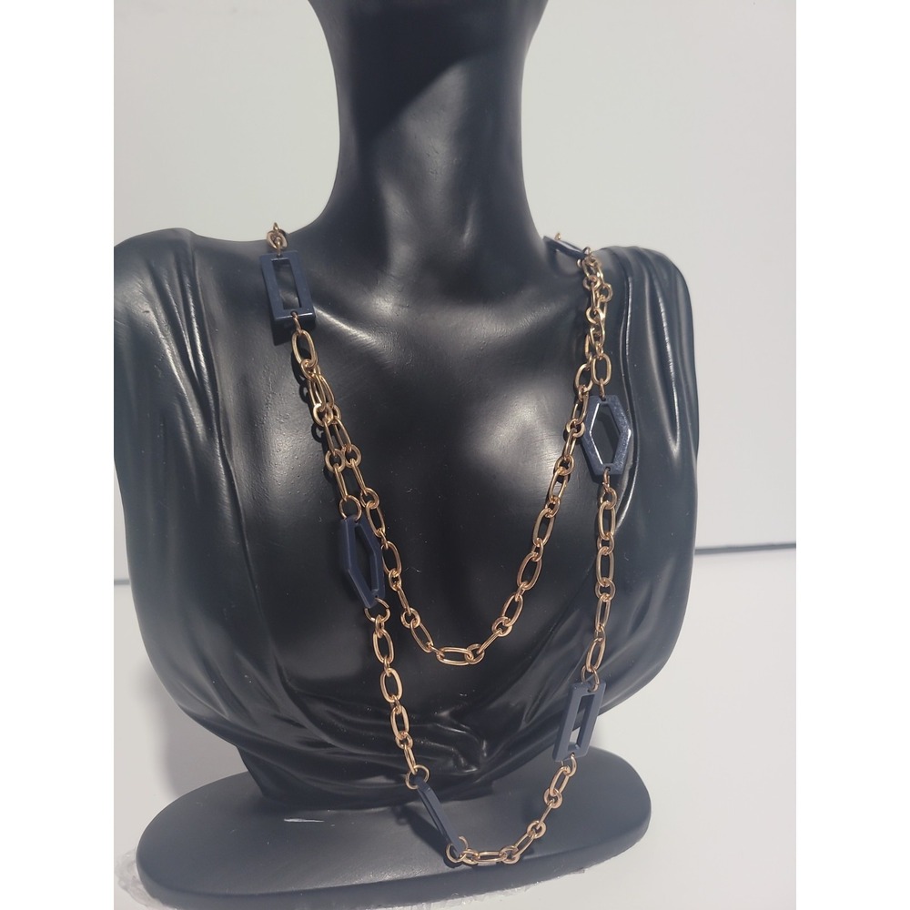 Long Gold Tone Link Necklace Dark Blue Geometric Rectangle Statement